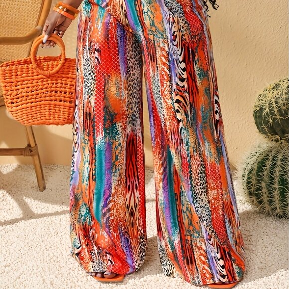 Vibrant Multicolor Wide Leg Palazzo Pants – Boho Festival Style (Size L) - Picture 4 of 6
